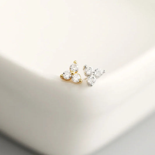 925 Sterling Silver Clover Earrings with Inlaid Crystal - Geometric Clover Stud Design