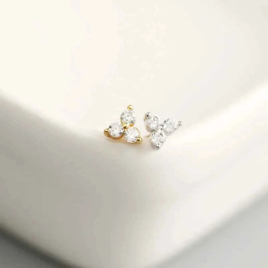 925 Sterling Silver Clover Earrings with Inlaid Crystal - Geometric Clover Stud Design