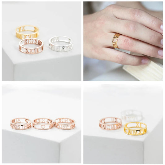 Stainless Steel Personalized Roman Numerals Coordinates Ring  Color Custom Name Wedding Date Rings For Women Couple Jewelry