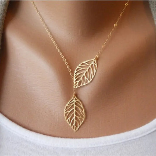 NK607 Minimalist Two Leaves Pendant Necklace - Trendy Punk Fashion Jewelry