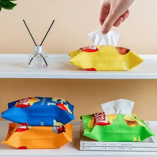 Three Fun Potato Chip Tissue Box Covers for Car and Home - Stylish Fabric Packaging Bag Drawer for Napkin Paper