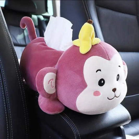 Monkey Car Tissue Holder - Plush Cartoon Dog Tissue Box for Armrest in Vehicle
