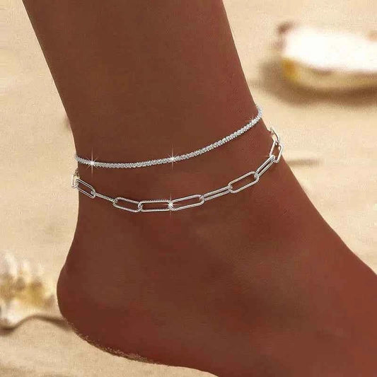 Silver Double Layer Chains Anklet for Women - Shiny Silver Color Design