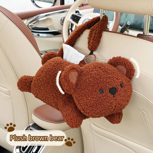 Car Tissue Box Multifunctional Plush Hanging Drawer Box Cartoon Armrest Organizer