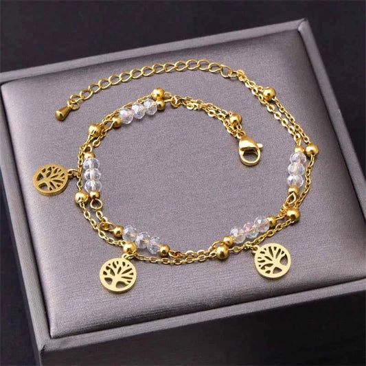 316L Stainless Steel Tree of Life Anklet with 2-Layer Beading and Crystal Charms for Women