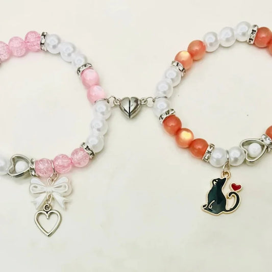 Fruit Basket Bracelets Set - Furuba Matching Handmade Beaded Bracelets for Couples and BFFs - Tohru Honda & Kyo Gift for Her with Red Heart and Bling