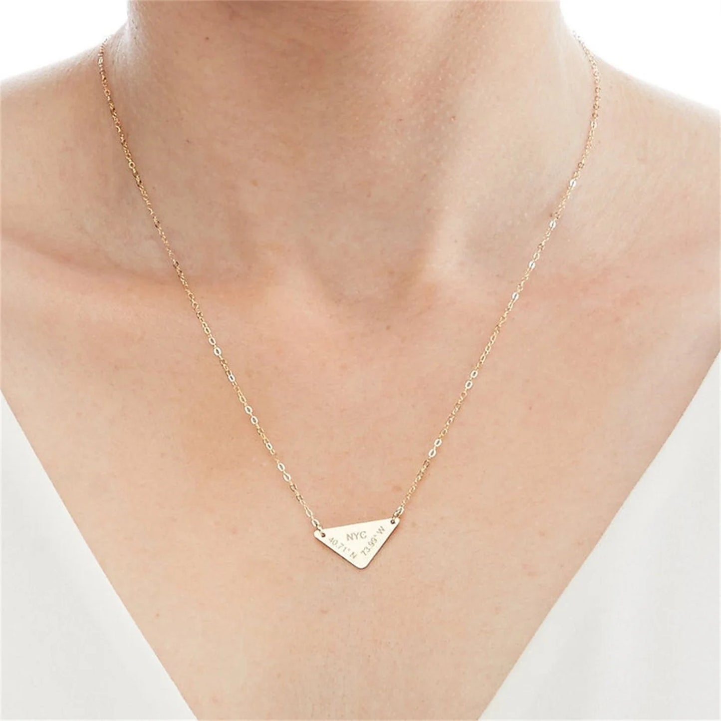 Custom Latitude Longitude Triangle Engraved Necklace Personalized Geometric Shape Coordinates GPS-18K Gold Plated Jewelry Gift