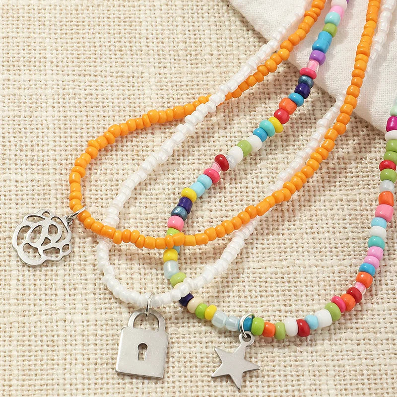3Pcs/Set Outer Banks Colorful Beads Pendant Necklaces For Women Vintage Flower Star Necklace Boho Fashion Chain Choker Jewelry