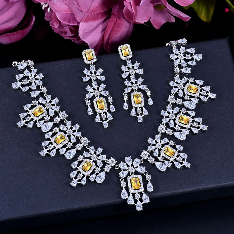 ANGELCZ Exclusive Dubai Bridal Costume Jewelry Set for Women Yellow Cubic Zirconia Tassel Square Drop Necklace Earrings AJ199