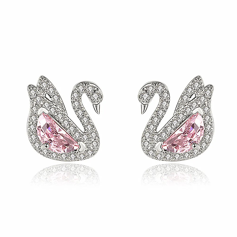 Chic Elegant Swan Pink Crystal Zircon Diamonds Gemstones Stud Earrings for Women Girl White Gold Color Fashion Jewelry Gifts