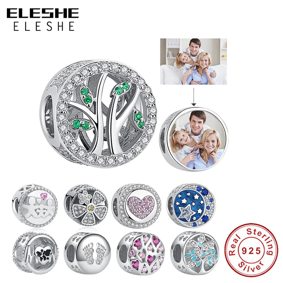 ELESHE Personalized Custom Photo Charm 925 Sterling Silver Tree Of Life with CZ Bead Fit Original Charm Bracelet Jewelry Making