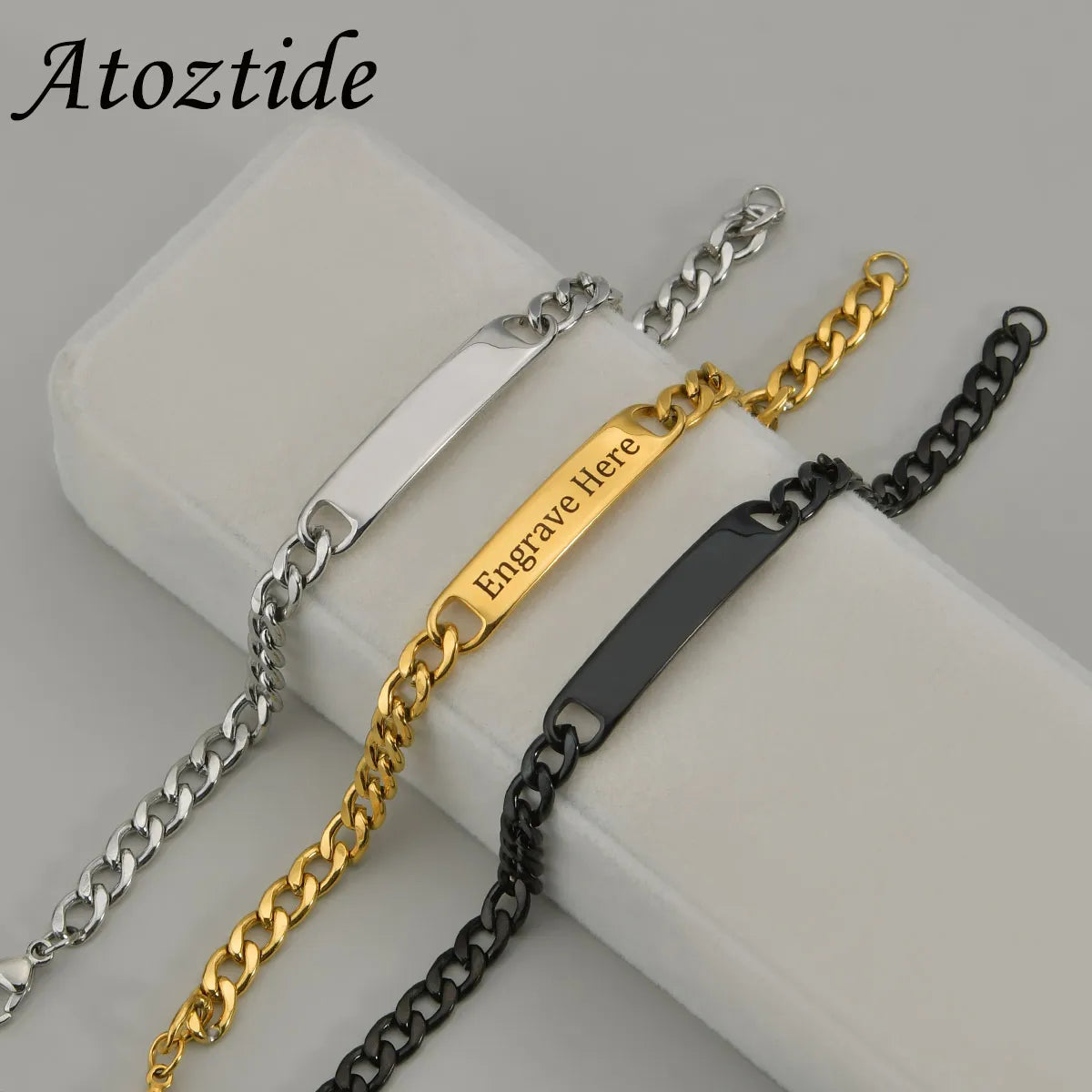 Atoztide Custom Words Name Bar Nameplate Bracelet Stainless Steel For Men Women Adjustable Link Chain Personalized Jewelry Gift