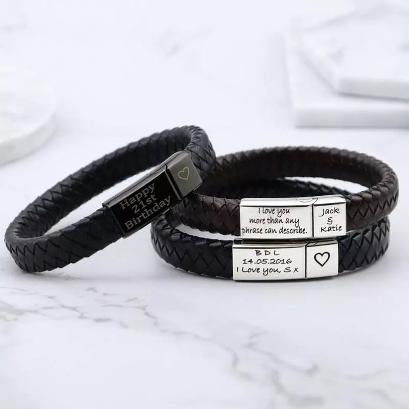 Personalized Names Bracelet for Men Braided Leather Bangle Stainless Steel Magnet Jewelry Custom Family Name Bracelets Gifts