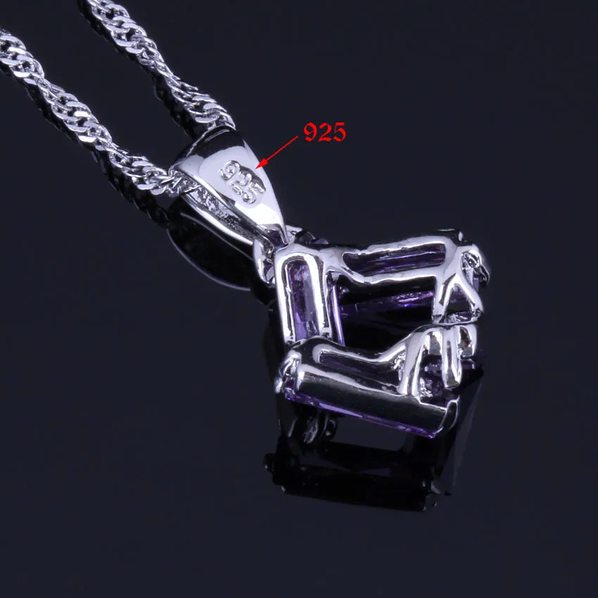 Impressive Quadrilateral Purple Cubic Zirconia Silver Plated Jewelry Sets Earrings Pendant Chain Ring V0976