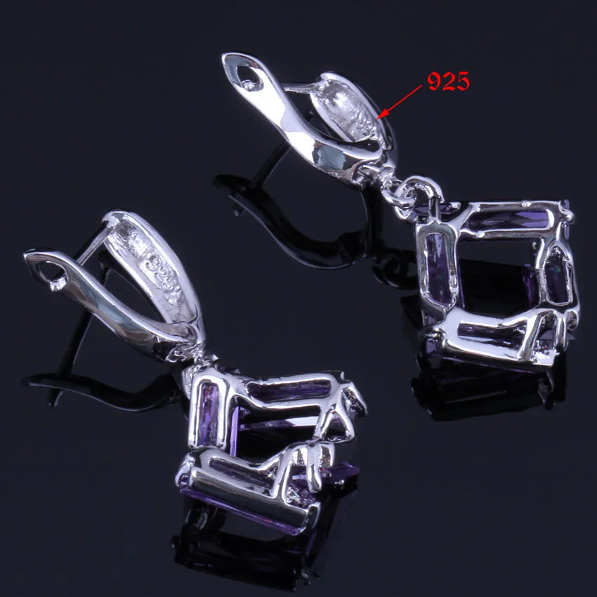 Impressive Quadrilateral Purple Cubic Zirconia Silver Plated Jewelry Sets Earrings Pendant Chain Ring V0976
