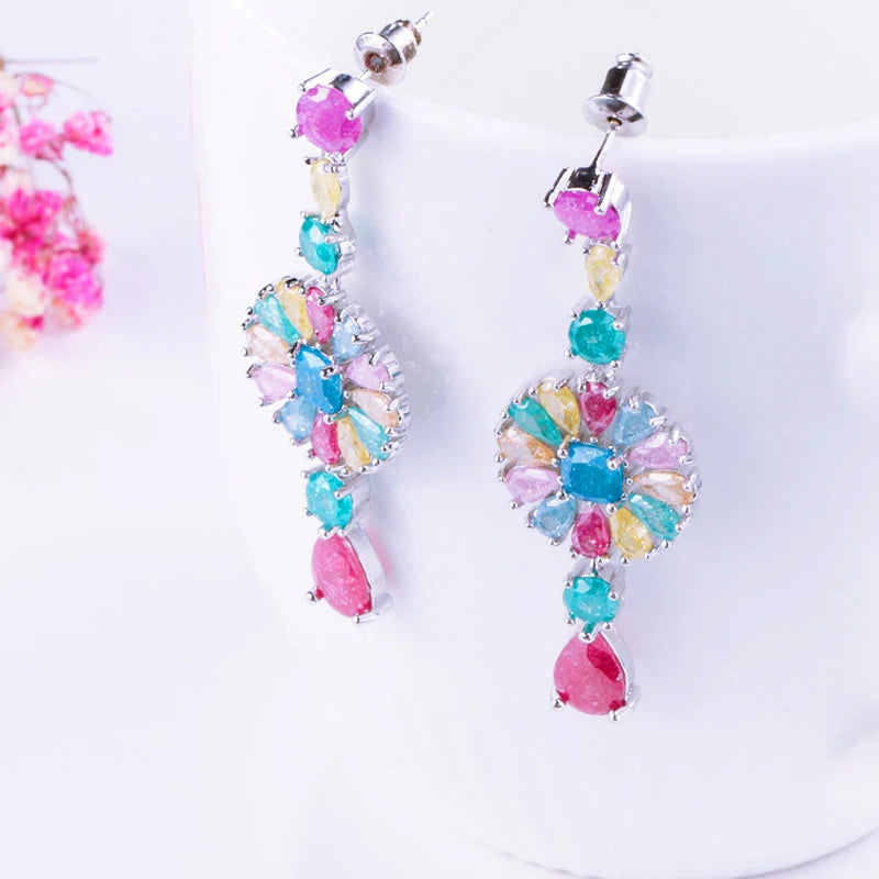 CWWZircons Exclusive Special Multicolour Ice CZ Stones and Crystals Long Dangle Drop Flower Earrings Female Party Jewelry CZ076