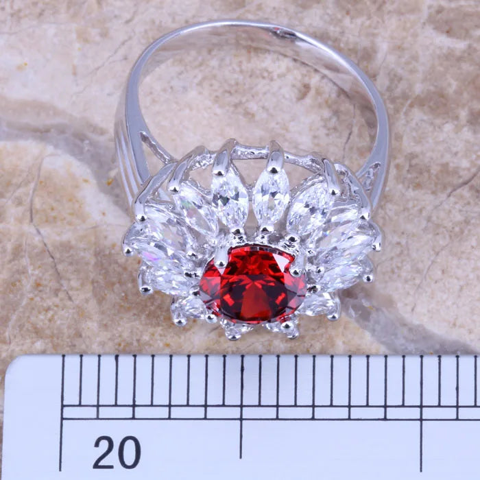Impressive White CZ Red Garnet Silver Plated  Women's Jewelry Ring Size 6 / 7 / 8 / 9 R0365