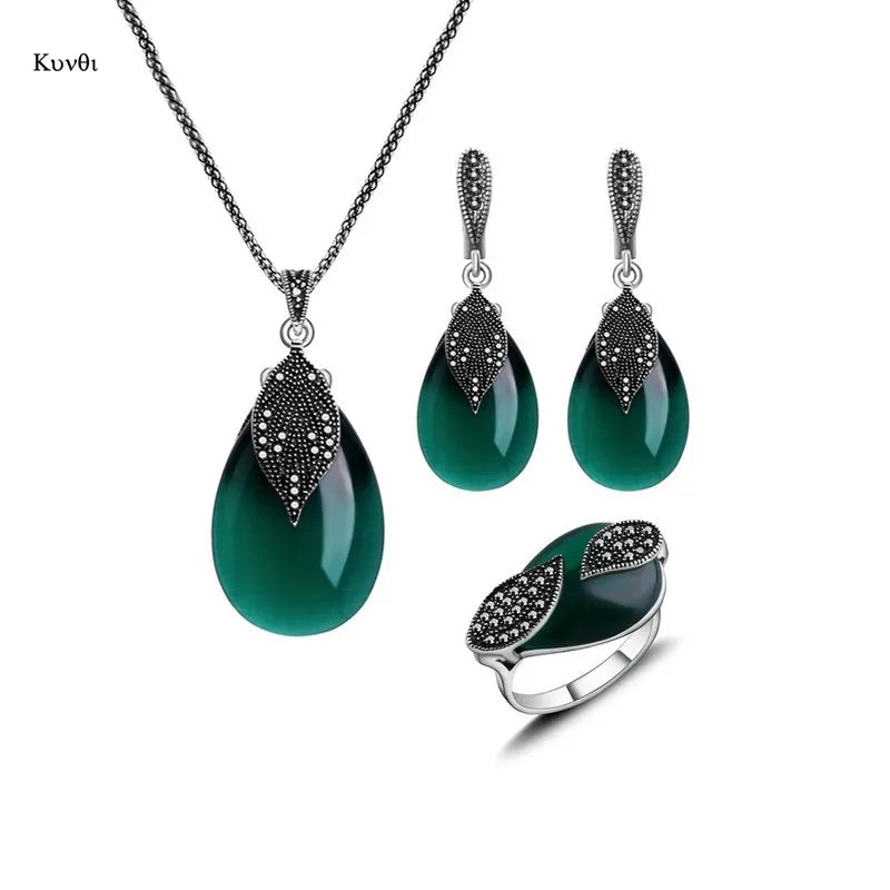 3pcs/Set Classical Pendant Necklace Earrings Rings Sets for Women Wedding Party Red Green Silver Color Water Drop Jewelry Gift