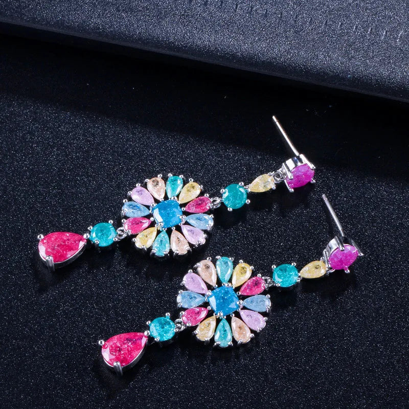 CWWZircons Exclusive Special Multicolour Ice CZ Stones and Crystals Long Dangle Drop Flower Earrings Female Party Jewelry CZ076