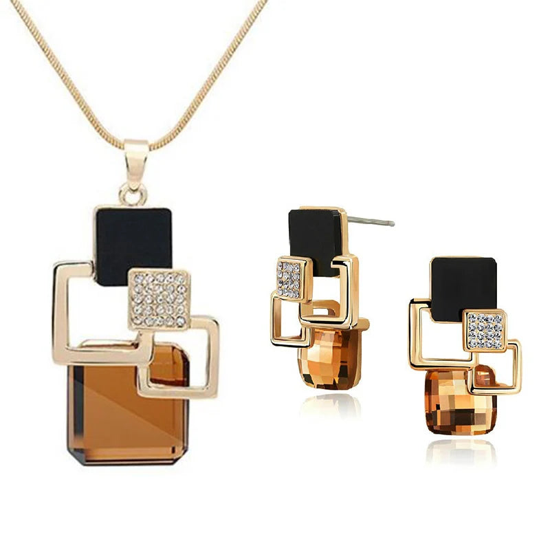 Classic Geometric Square Crystal Jewelry Sets For Women Vintage Party Stud Earrings And Pendant Necklace For Gifts