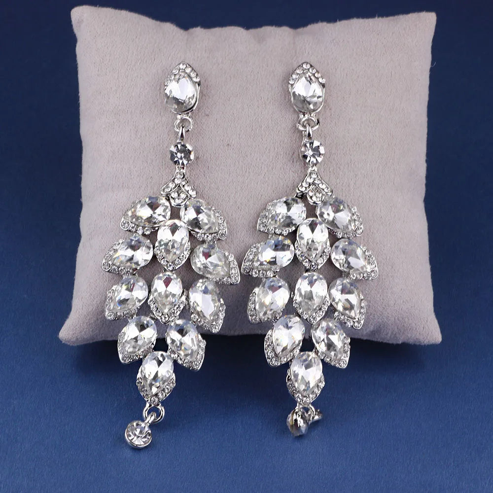 FARLENA Exclusive Tree Shaped Crystal Silver Plated Dangle Long Earrings for Women Bridal Wedding Jewelry