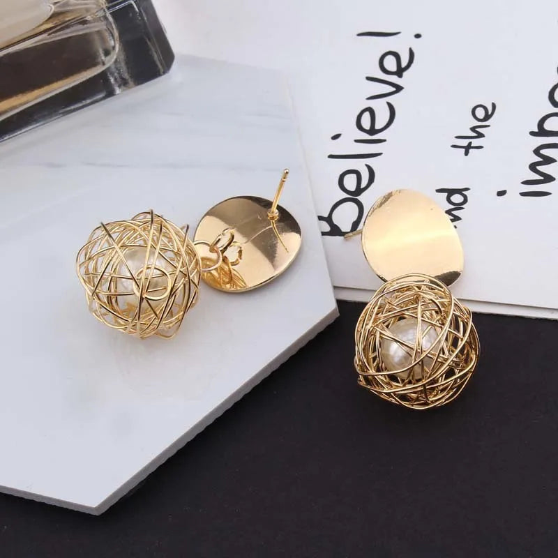 Geometric Hollowed Alloy Ball Simulated Pearl Drop Earrings For Women Round Circle Charm Bold Statement Earrings For Women