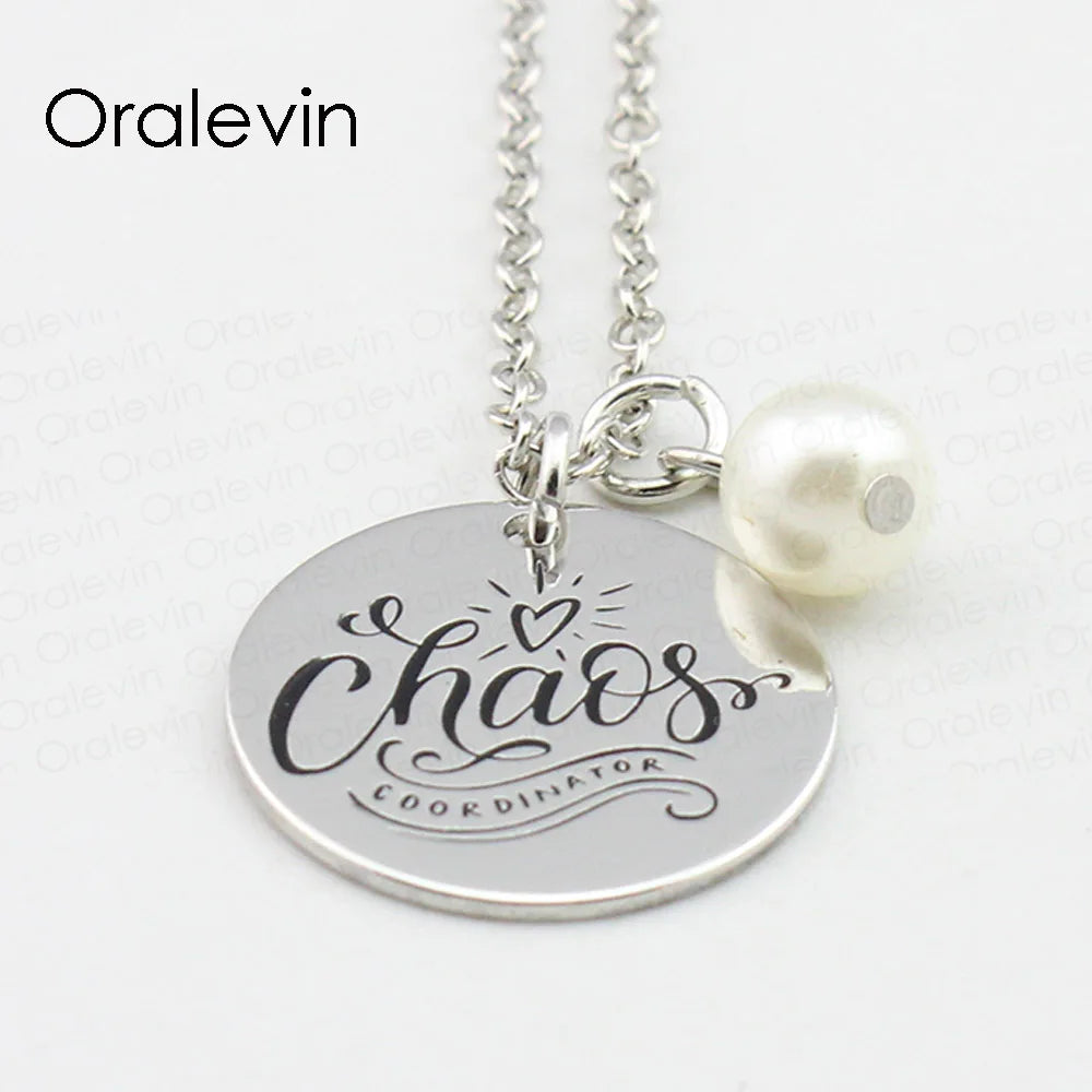 CHAOS COORDINATOR Inspirational Hand Stamped Engraved Custom Charm Round Pendant Necklace Diy Making Jewelry,10Pcs/Lot, #LN2381
