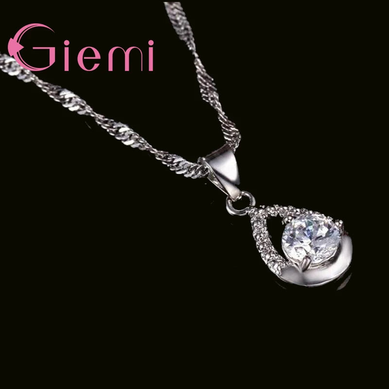 Classical Soild 925 Sterling Silver Clear Crystal Cubic Zirconia Pendant Necklace Earrings Jewelry Sets For Women Ladies
