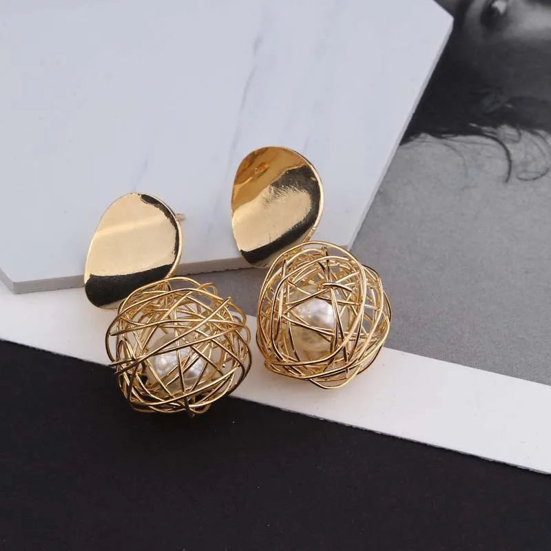 Geometric Hollowed Alloy Ball Simulated Pearl Drop Earrings For Women Round Circle Charm Bold Statement Earrings For Women
