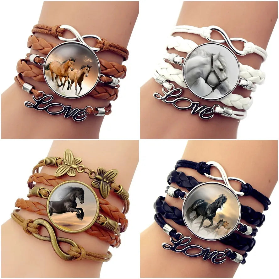 Hot Fashion Leather Infinity Horse Wrap Bracelet For Women Glass Dome Cabochon Horse Jewelry Vintage Brown Leather Bracelet gift