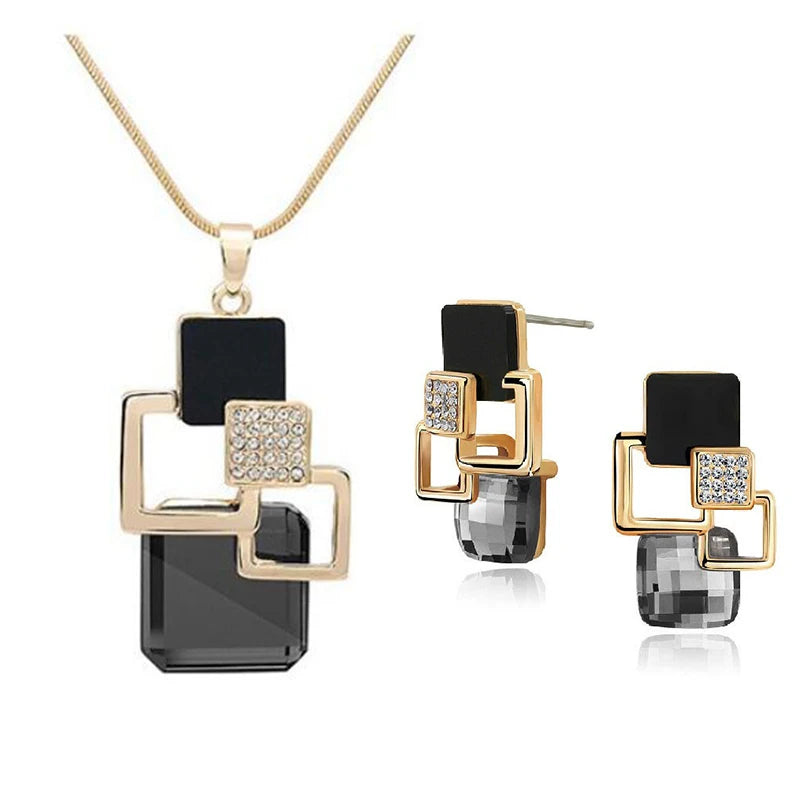 Classic Geometric Square Crystal Jewelry Sets For Women Vintage Party Stud Earrings And Pendant Necklace For Gifts