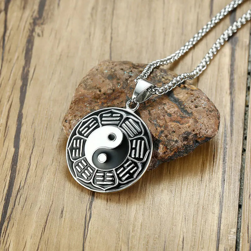 Classic Stainless Steel Epoxy Chinese Style Yin Yang Circle Metal Tag Pendant Necklace Tai Chi  Bagua Pendant Necklace Jewelry