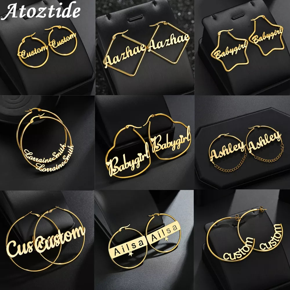 Atoztide Personalized Name Stainless Steel Letter Earrings For Women 3 Color Custom Name Cricle Earrings Weddings Party Jewelry