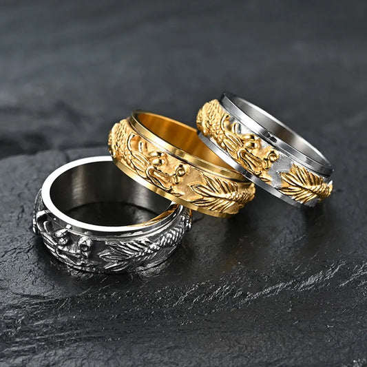 KIOOZOL Stainless Steel Chinese Dragon Style Spinner Gold Silver Color Rings For Men Hot Jewelry Accessories