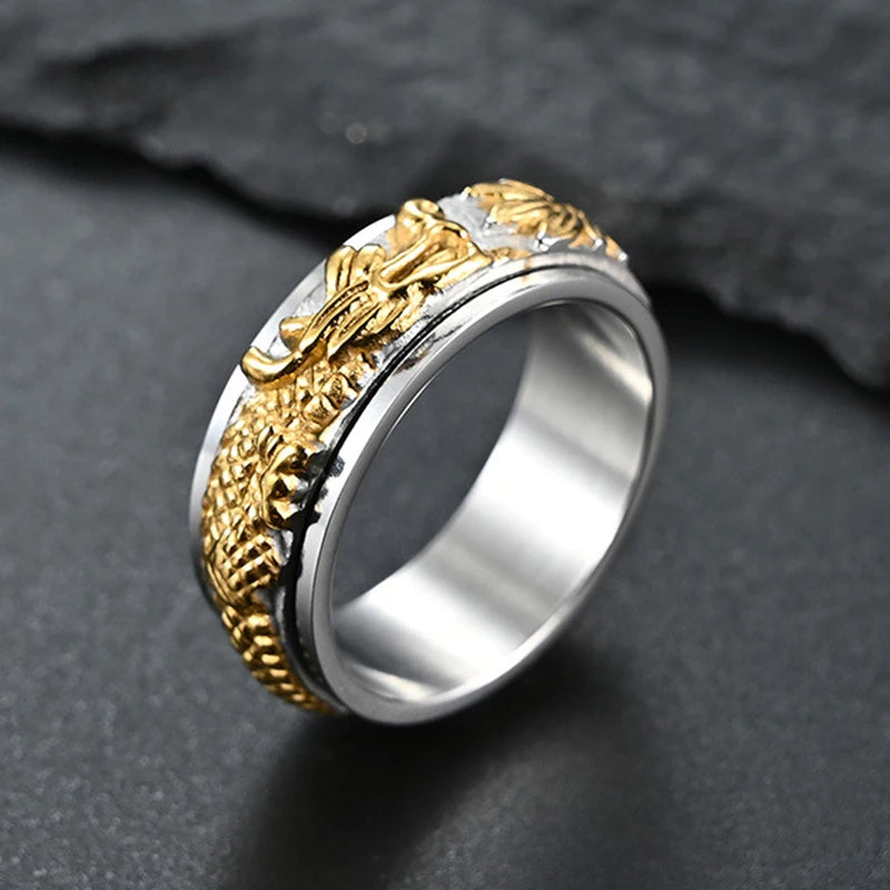 KIOOZOL Stainless Steel Chinese Dragon Style Spinner Gold Silver Color Rings For Men Hot Jewelry Accessories