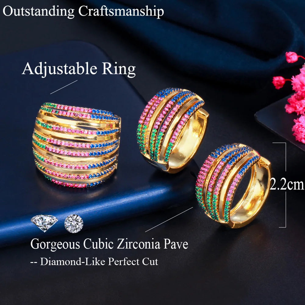 Pera Exclusive Design Micro Multicolor CZ Paved Gold Color Circle Earrings and Ring Sets for Women Luxury Banquet Jewelry J430