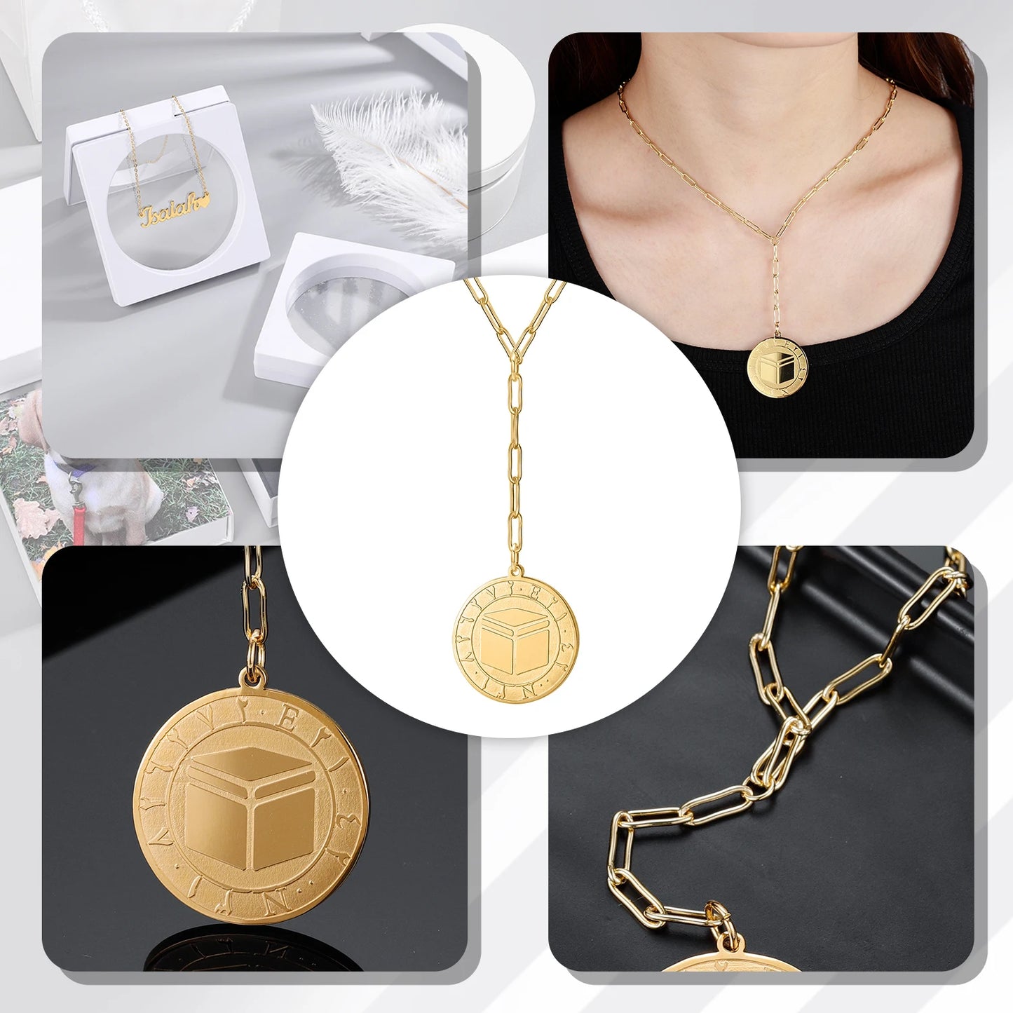 KAABA COORDINATES COIN NECKLACE For WOMEN Personalized Arabic English Letter Embossed Islam Pendants Stainless Stee Jewelry Gift