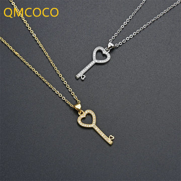QMCOCO New Style Silver Color Vintage Key Geometry Pendant Necklace For Women Man Chic Punk Fashion Delicacy Party Jewelry Gifts