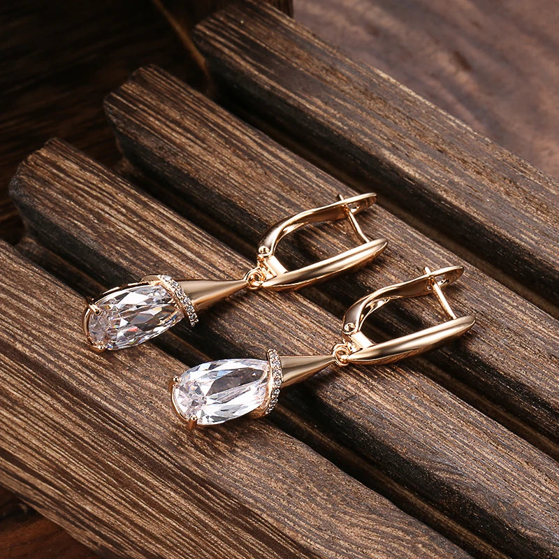 SYOUJYO Water Drop Amethyst Dangle Earrings For Women 585 Rose Gold Color Piercing Wedding Jewelry Natural Zircon Earrings