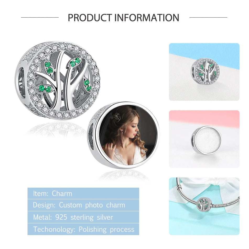 ELESHE Personalized Custom Photo Charm 925 Sterling Silver Tree Of Life with CZ Bead Fit Original Charm Bracelet Jewelry Making