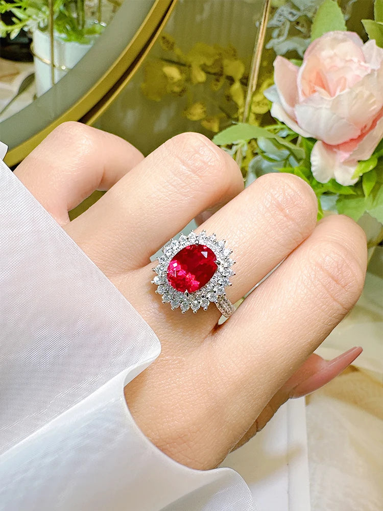Simple 925 Sterling Silver Egg shaped Red Treasure Ring Set with High Carbon Diamonds, Elegant Design, Versatile Jewelry