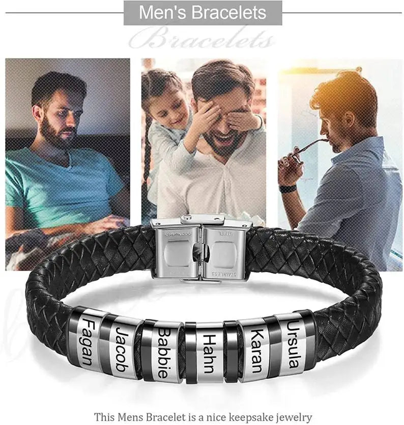 Custom Family Names Beads Personalized Mens Leather Bracelet Stainless Steel Charm Bangle Fashion Jewelry Gift for Men Dad
