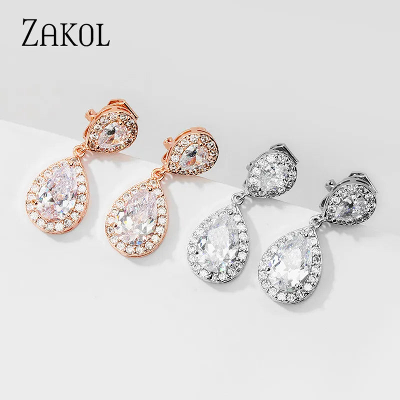 ZAKOL Classic Water Drop Zircon Clip Earrings Without Piercing for Women Fashion Bridal Wedding Jewelry Dropshipping