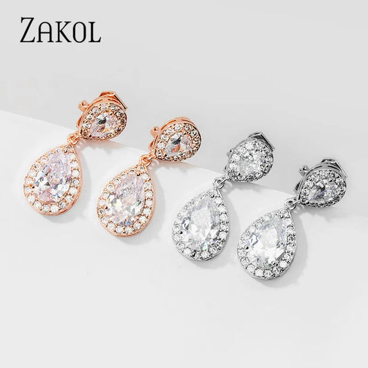 ZAKOL Classic Water Drop Zircon Clip Earrings Without Piercing for Women Fashion Bridal Wedding Jewelry Dropshipping