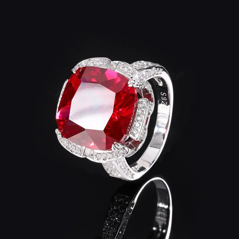 S925 Silver Treasure Jade Red Treasure Luxury Set Closed Ring Main Stone 14 * 14 Jewelry Wedding Ring