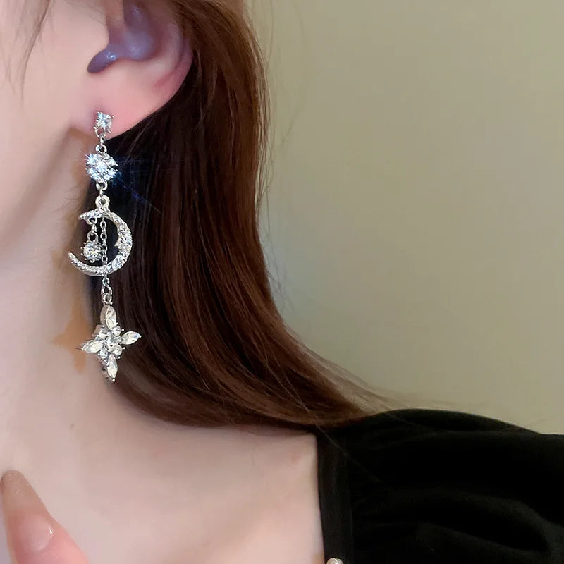 Luxury Chic Sliver Needle Crystal Moon Star Tassel Earrings Women 2023 Trendy Elegant Daily Party Earrings Kpop Sweet Jewelry