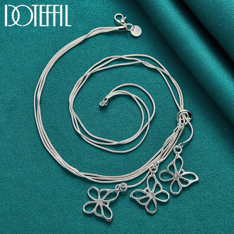 DOTEFFIL 3pcs 925 Sterling Silver Three Butterfly Earring Necklace Bracelet Set For Woman Wedding Charm Jewelry