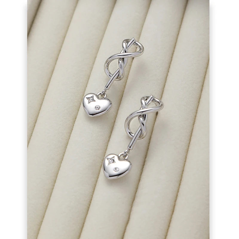 Eetit Popular Delicate Inlaid Cubic Zirconia Love Heart Twist Drop Earrings Chic Gold Silver Color Zinc Alloy Daily Wear Jewelry