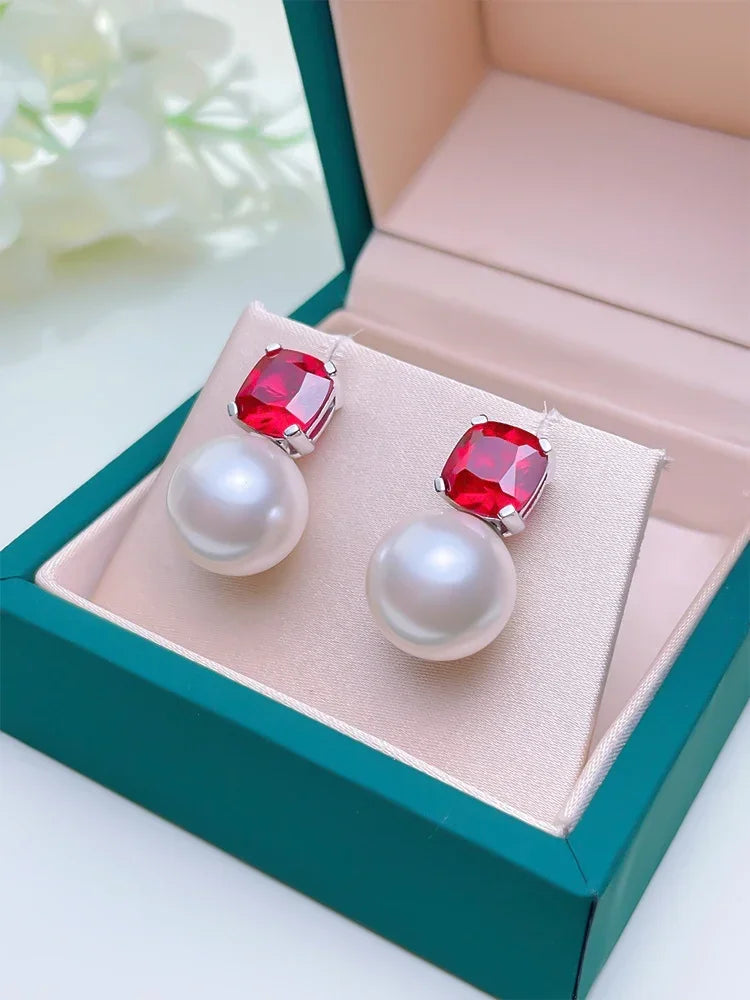 100% 925 Sterling Silver Earrings for Women Pearl Red Treasure Earrings Inlaid with Fritillaria Wedding Jewelry Wholesale