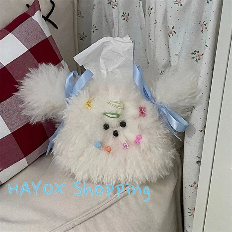 Creative Cute Curly Hair Dog Tissue Bag，Household Living Room Car Paper Box Desktop Tissue Storage Box Dopamine Decoration